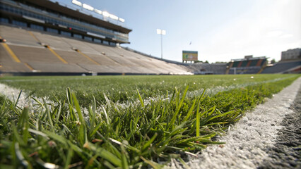 Obraz premium Close-Up of Grass on Football Stadium Field in Empty Stadium