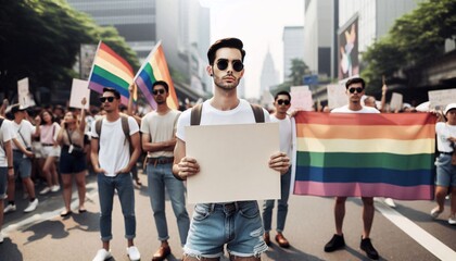 Transgender people protest at pride event outdoor. Lgbt protest and people in city street for activism, human rights and equality. Lgbt community crowd  with a blank banner protesting.