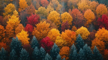 Aerial View of a Forest with Vibrant Autumn Colors