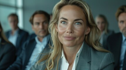 Obraz premium A group of businesspeople smiling during a meeting in a corporate setting. The atmosphere is professional and collaborative.