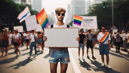 Transgender people protest at pride event outdoor. Lgbt protest and people in city street for activism, human rights and equality. Lgbt community crowd  with a blank banner protesting.
