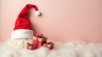 Santa hat and small gifts in a cozy holiday arrangement on a pastel background