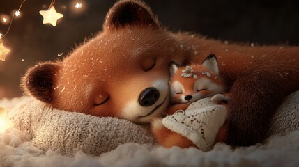 Fototapeta premium Bear and fox cuddling under warm lights, creating a cozy and serene atmosphere, AI