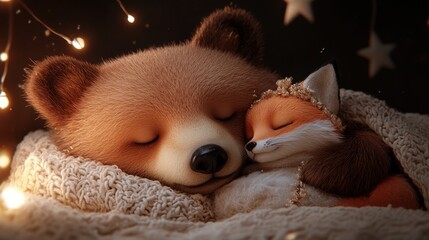 Fototapeta premium Bear and fox cuddling under a cozy blanket with warm lights and stars, AI