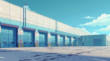 Obraz premium Storage Building: Modern Commercial Construction with Loading Doors against Blue Sky