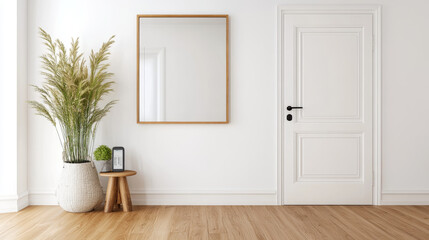 A serene interior scene featuring minimalist design with large mirror, potted plant, and wooden stool. light wood floor complements bright, airy atmosphere