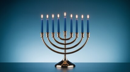 Fototapeta premium Gold Menorah with Blue Candles Lit for Hanukkah Festival