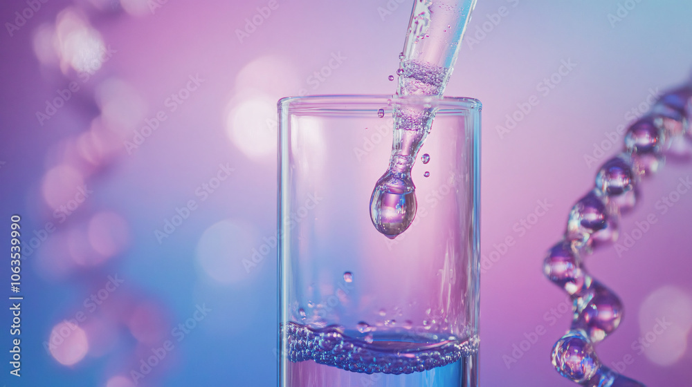 Poster Scientist conducting research: dropping liquid solution into beaker with precision using a pipette, surrounded by vibrant bokeh