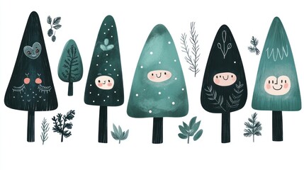 Six cartoon trees with happy faces and green leaves against a white background.