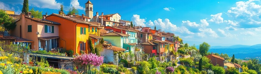 Medieval hill town in the spring, colorful homes and blooming flowers, vibrant seasonal scene, picturesque and lively village
