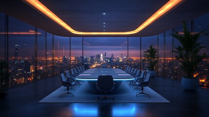 Modern conference room with a panoramic view of a city at night.