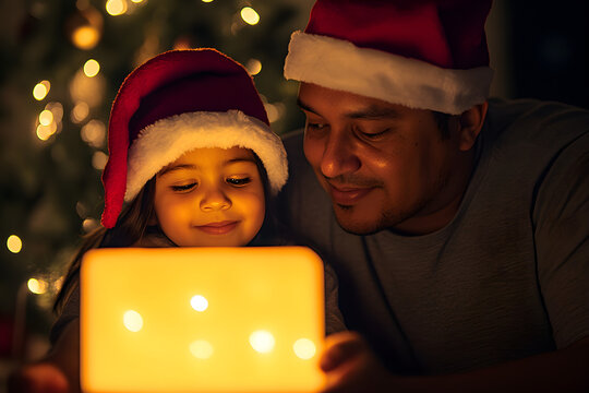 A latino father and daughter wearing santa hats share a joyful moment as they look at a glowing tablet surrounded by festive holiday lights - Powered by Adobe