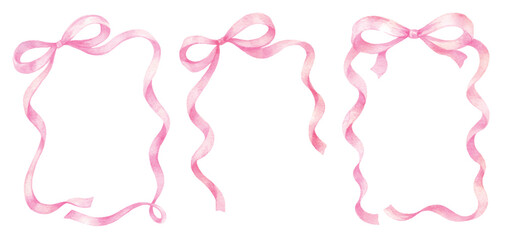 Watercolor vector set of ribbon frames with a pink bow. Borders for holiday greeting card and invitation. Hand painted winter plants. Xmas template.