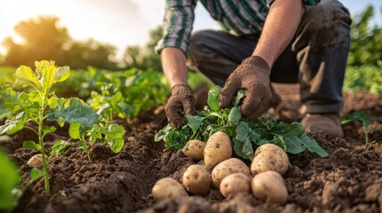 Fototapeta premium Farmer kneeling in a field, handpicking potatoes from the soil, [harvest], [root vegetable collection and rural labor].
