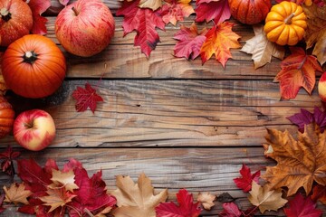 Fototapeta premium Thanksgiving Autumn Background with Apples, Pumpkins, and Fallen Leaves on Wooden Surface