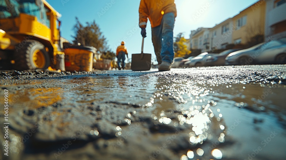 Poster construction workers in yellow jackets are filling in a street with asphalt, creating a smooth surfa