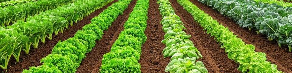 A showcase of different seasonal crops growing side by side in well-maintained rows, [agriculture banner], [diversity in agriculture and sustainability].