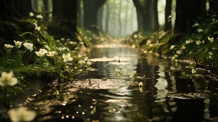 Fototapeta premium A tranquil stream winding through a lush forest, sunlight reflecting on the rippling water, and delicate white blossoms scattered along the banks.