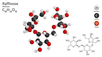 Molecule: Raffinose. Trisaccharide. Molecular structure. Formula: C18H32O16. Chemical model: Ball and stick. White background. 3D illustration.