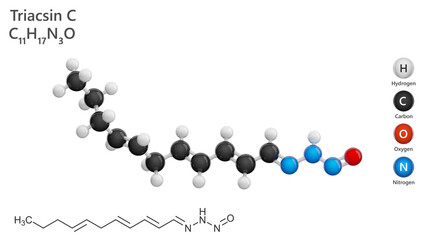 Molecule: Triacsin C. Vasodilator. Molecular structure. Formula: C11H17N3O. Chemical model: Ball and stick. White background. 3D illustration.