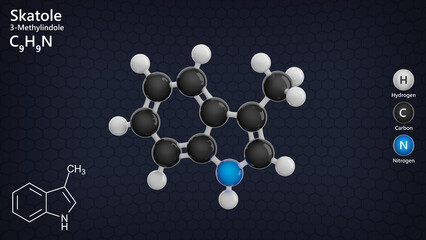 Molecule: Skatole or Scatole. Fragrance. Molecular structure. Formula: C9H9N. Chemical model: Ball and stick. Dark background. 3D illustration.