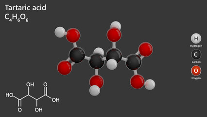 Molecule: Tartaric Acid. Naturally occurring organic acid. Molecular structure. Formula: C4H6O6. Chemical model: Ball and stick. Gray background. 3D illustration.