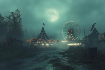 haunting ambiance of a eerie circus under moonlight with ghostly figures performing and twisted rides in shadows fog envelops the scene creating an unsettling vibe