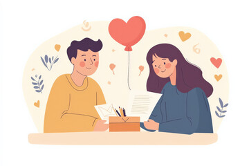 Fototapeta premium couple writing love letter with heart balloon, expressing their love and affection