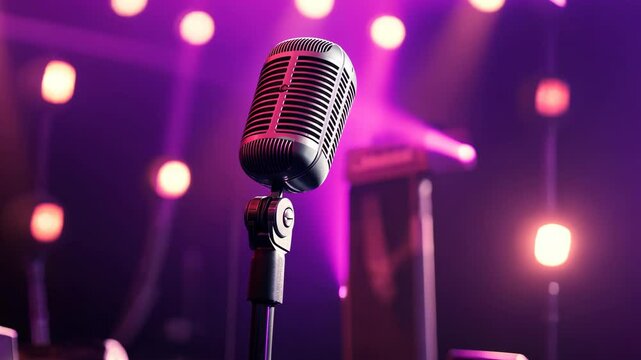 A vintage microphone sits on a stand in front of a purple stage with lights