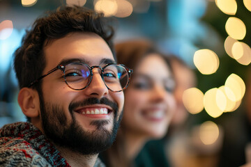 Fototapeta premium Ai generated image of young handsome positive man worker at corporate party