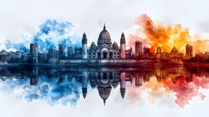 Obraz premium Watercolor landscape for India National Day, delicate blend of Indian flag colors with lotus, temples, and native animals, calm atmosphere