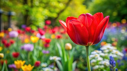 Fototapeta premium red tulip in foreground in garden with colorful wildflowers in background
