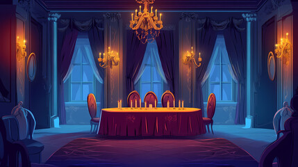 Banquet hall in medieval palace 2d animation with feast table, candles, and king or queen portraits on a parallax background. Victorian Ballroom. Illustration