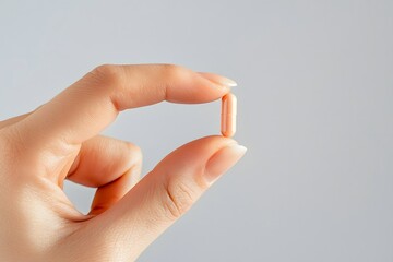 Close-up of a hand holding a small capsule against a neutral background, emphasizing wellness and health.