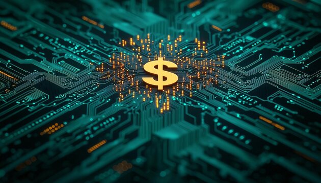 Digital currency concept with a glowing dollar symbol amidst a complex circuit board, representing finance and technology.