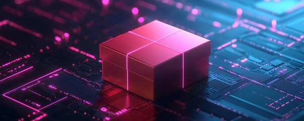 Futuristic package on a digital circuit board, illuminated with vibrant neon colors, symbolizing technology and innovation.