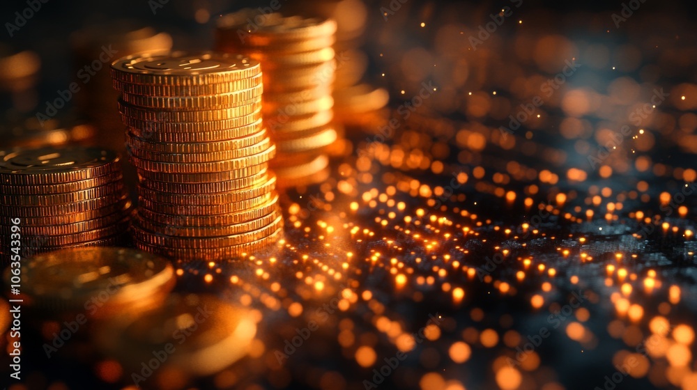 Aufkleber a collection of shimmering gold coins is stacked together, surrounded by a backdrop of sparkling lig