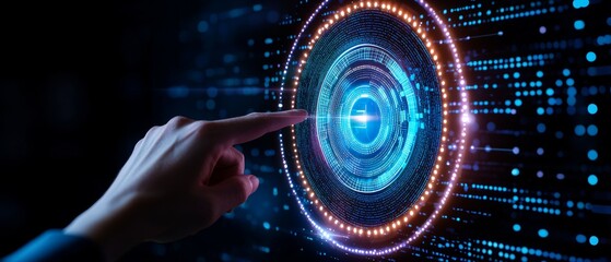 A hand touches a glowing digital interface, featuring vibrant circular patterns and data lines, symbolizing interaction with technology and innovation.