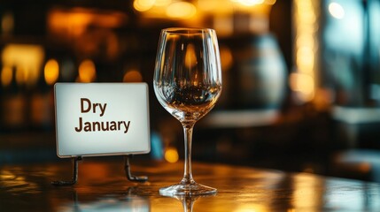 Empty wine glass on table with dry january sign in warm ambience