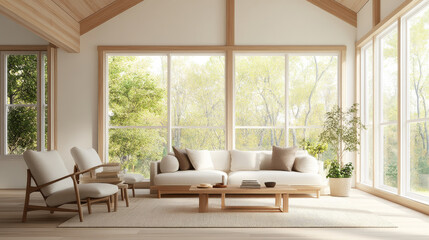 A bright and airy living room features large windows showcasing lush greenery outside. modern design includes comfortable sofa, wooden furniture, and cozy atmosphere