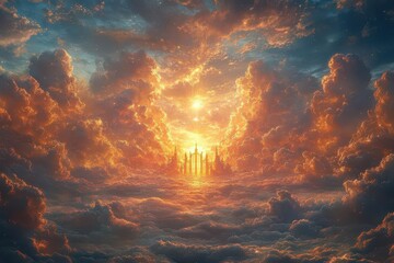 Obraz premium heavens gates adorned with shimmering clouds and ethereal light welcoming souls into a realm of peace adorned with golden accents and soft pastel colors evoking serenity and hope