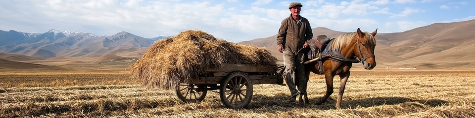 Obraz premium Farmer transporting harvested crops on a wooden cart pulled by a horse, [farmer labor], [traditional crop transportation].