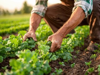 Fototapeta premium Farmer working in harmony with nature, using crop covers and natural fertilizers in a rural setting, [eco-friendly], [earth-friendly agriculture].