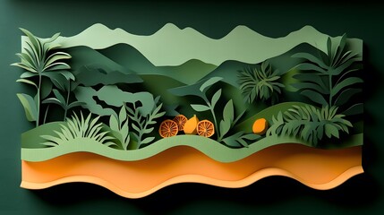 Papercut style for Grenada National Day, layered art of tropical landscapes, nutmeg, and island symbols in bold colors