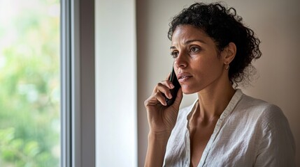 Woman standing near window, holding a phone to her ear, gazing thoughtfully outside. Soft natural light from the window enhances the serene indoor setting.