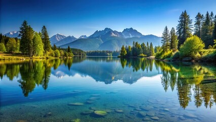 Serene lake with calm waters reflecting the surrounding mountains and a few trees on its shore, landscape, still, lake