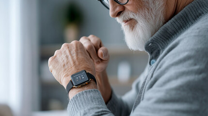 An elderly man checks his smartwatch, showcasing modern technology and blend of tradition. His thoughtful expression reflects connection to time and health