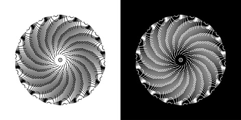 Abstract background with abstract line pattern in circles. Spiral art design as a logo or icon. A black figure on a white background and the same white figure on a black side. Mandala design with line