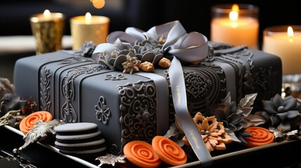 A Festive Grey Cake Adorned with Intricate Floral Designs and Ribbons, Nestled Among Decorated Sweets and Candles