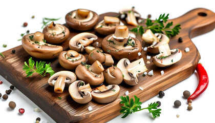 Fototapeta premium Mouthwatering assortment of fresh mushrooms arranged beautifully on a wooden cutting board